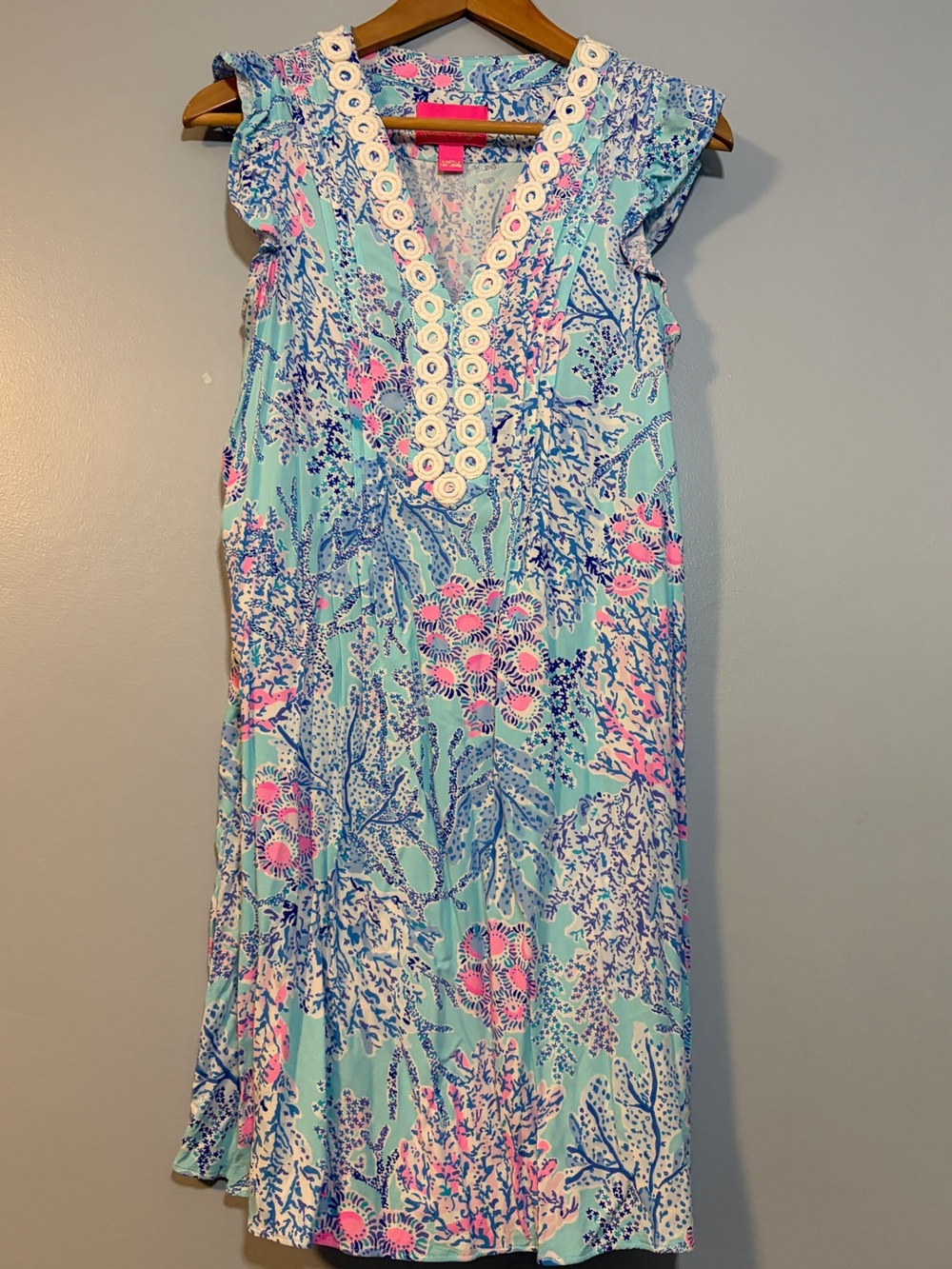 Lilly Pulitzer Aqua Floral V-Neck Midi Dress with Pink & Navy Accents